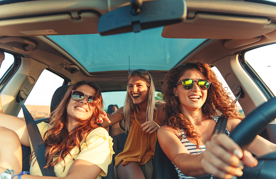 Three friends on a road trip.